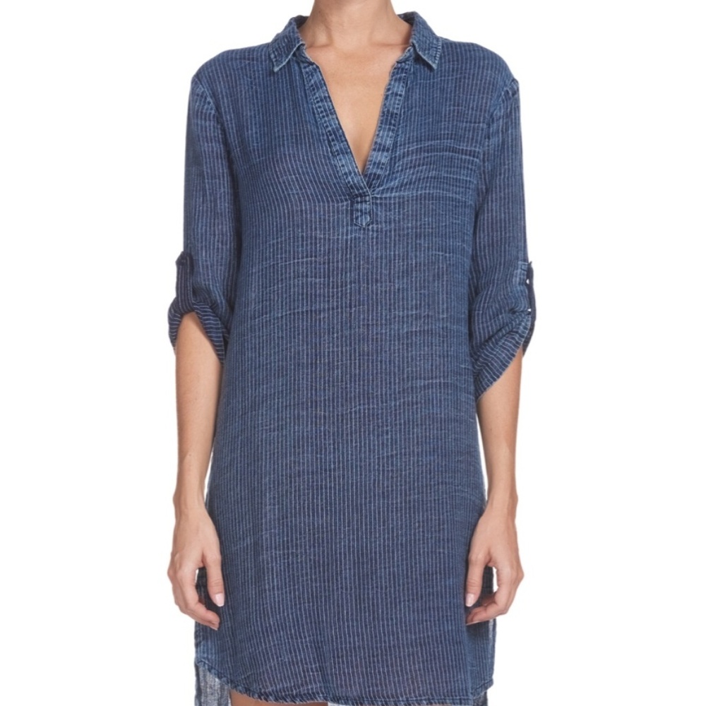 Elan Blue Stripe Cotton Button Sleeve Detail Dress